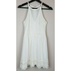 Francesca's White Lace Mesh High Neck Mini Dress Formal Lined XS EUC